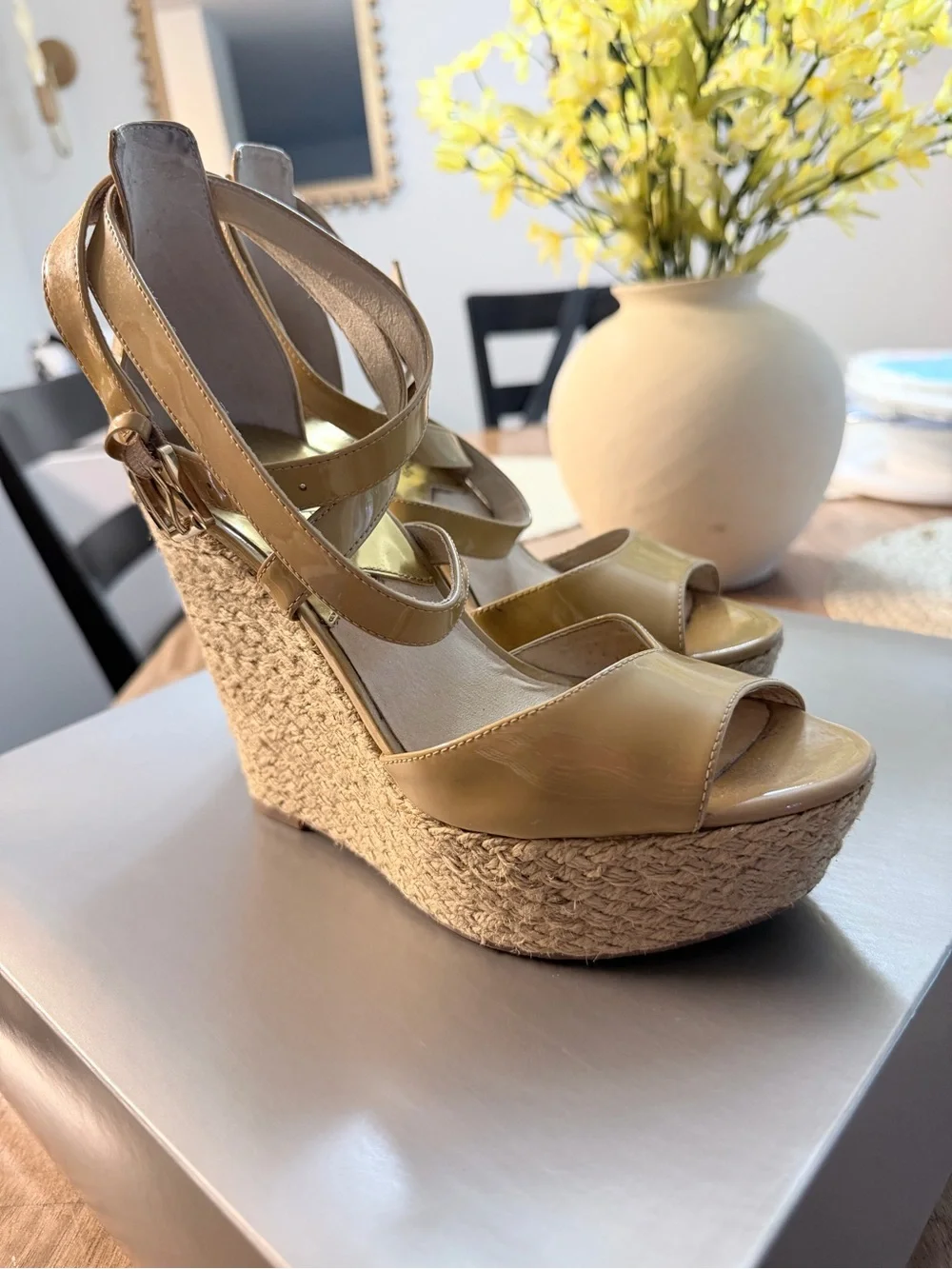 Michael Kors Tan Patent Leather Espadrille Wedge Sandals